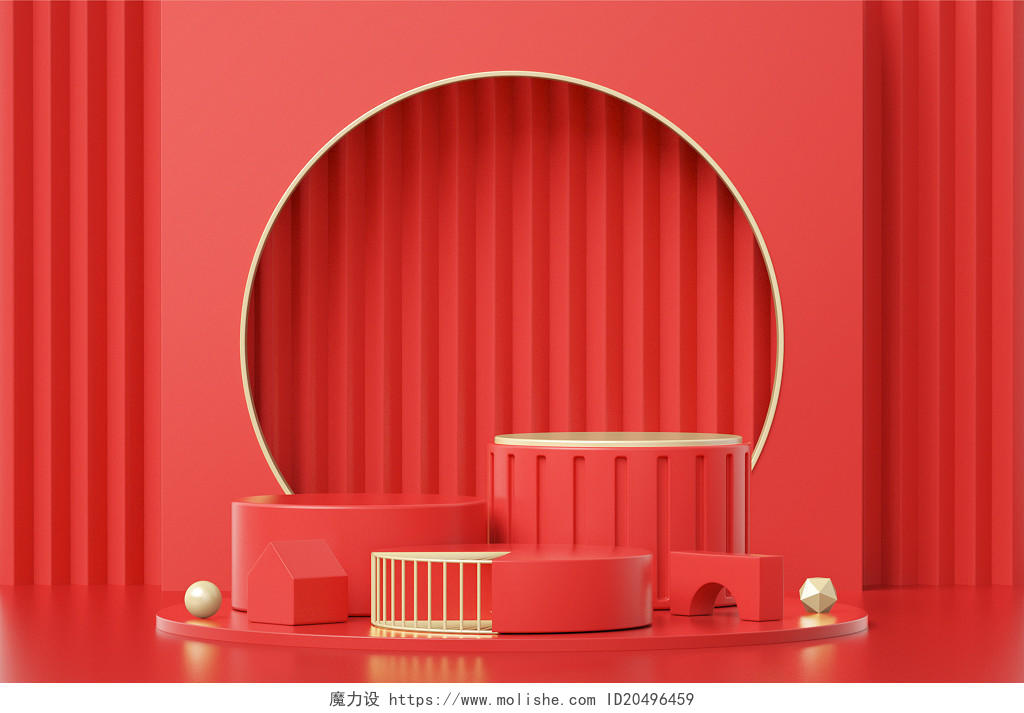 红色古风3D立体喜庆电商C4D展台背景红色C4D展台背景